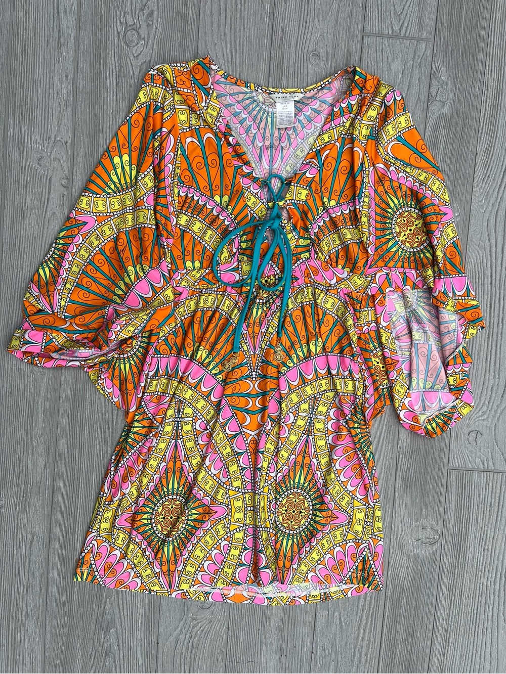 Trina Turk XS Medallion Print Lace Up Bell Sleeve Swim Cover Up Tunic Dress